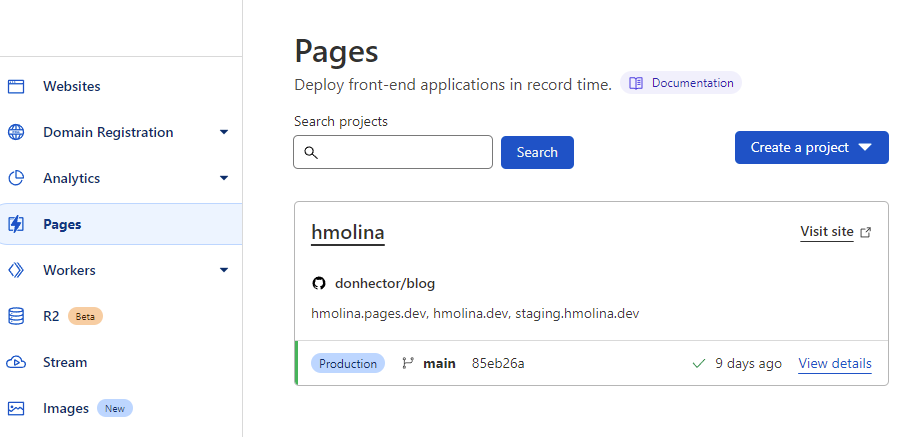 Pages dashboard